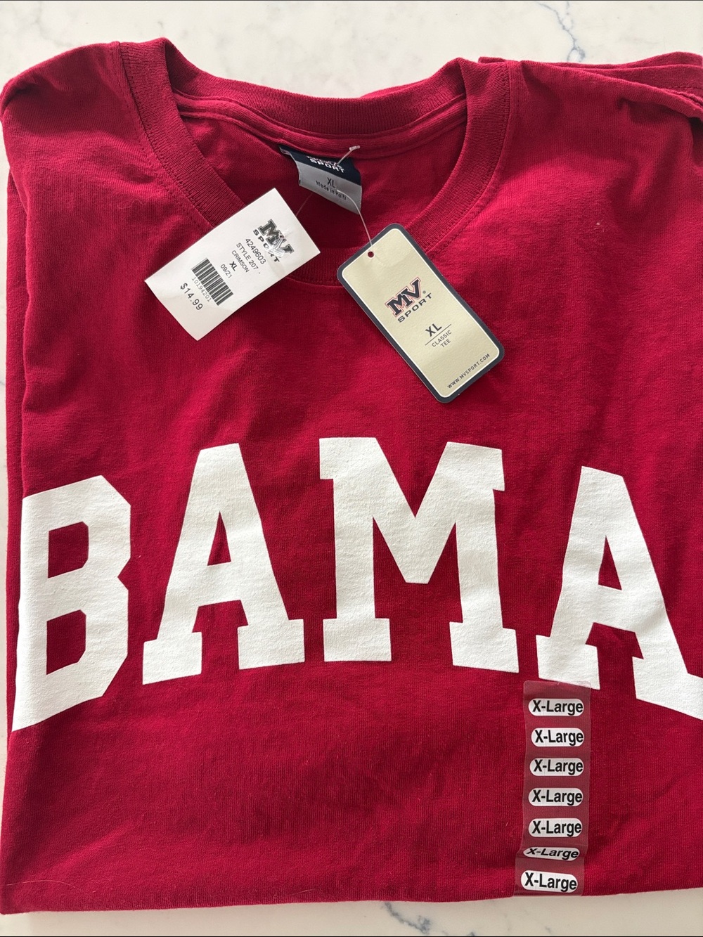 MV Sport Red Men’s'BAMA' Short Sleeve Tee with White Lettering XL NWT